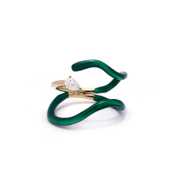 Emerald Green Enamel Floating Diamond Ring