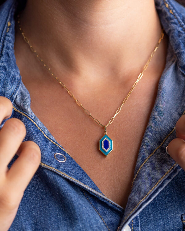 Lapis Lazuli Hexagon Enamel Pendant - Image 2