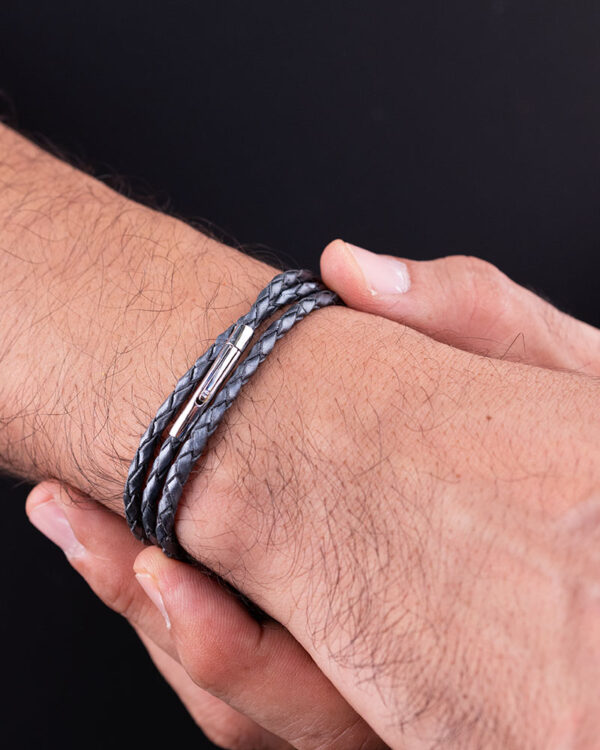 Grey Leather Lock Bracelet Mens - Image 2