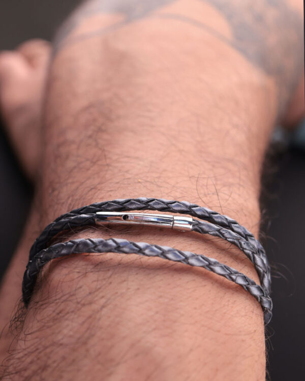 Grey Leather Lock Bracelet Mens - Image 4