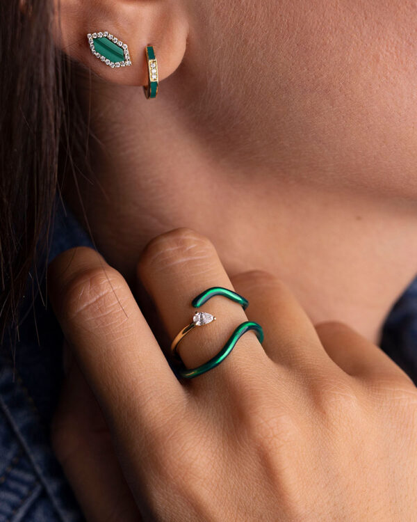 Emerald Green Enamel Floating Diamond Ring - Image 2